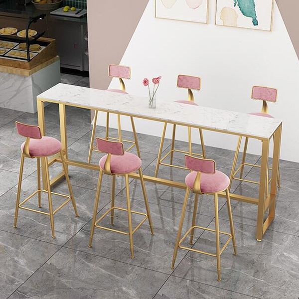 Rectangular Sintered Stone Top Bar Table Luxurious Bar Table with Trestle Base in Gold