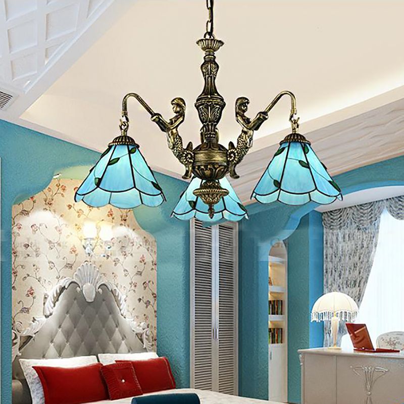 3/5 luci illuminazione lampadario illuminazione Tiffany conico con vetrate piena di soffitto in blu con design della sirena