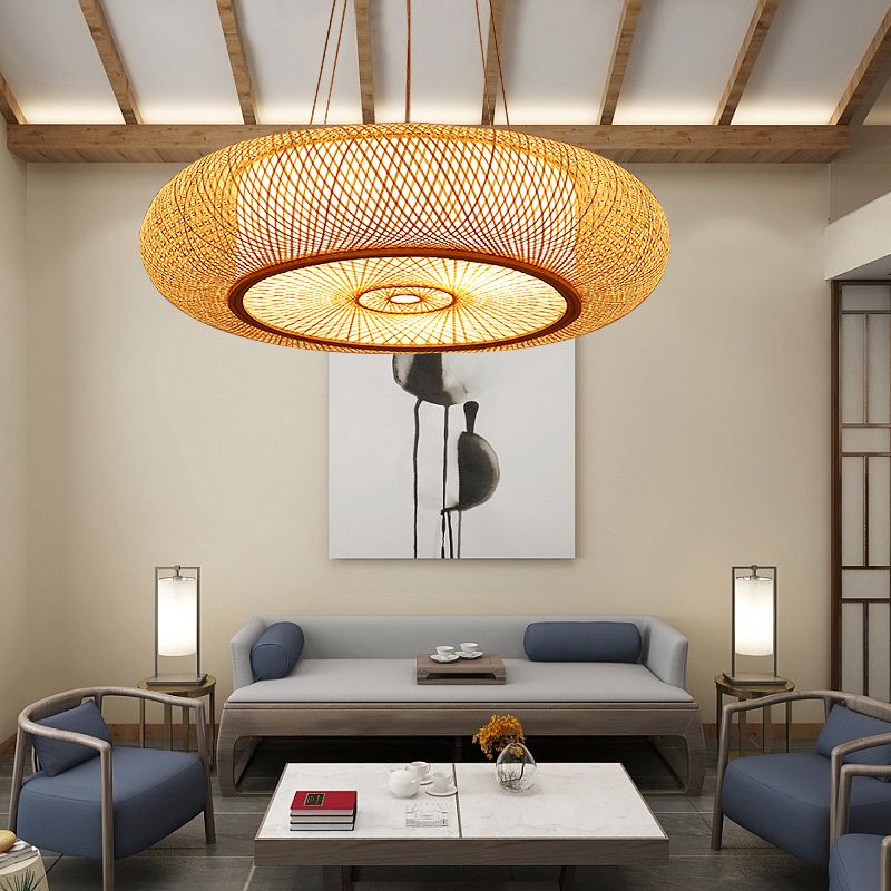 Rounded Drum Bamboo Pendant Lighting Fixture Modern Style Beige Hanging Light Fixture