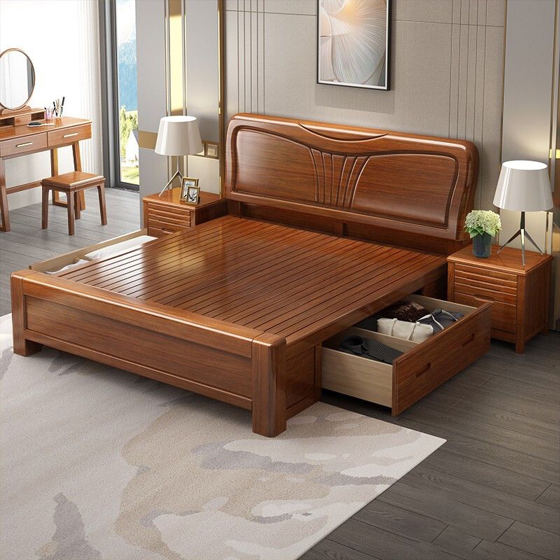 Traditional Style Bed Frame Walnut Standard Bed with Headboard