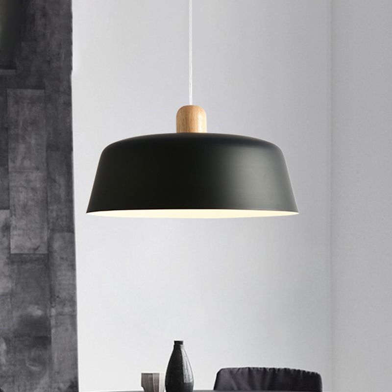 Black/White Flat-Bowl Shaped Pendant Nordic Metal 1 Light Ceiling Hang Lamp with Wood Top