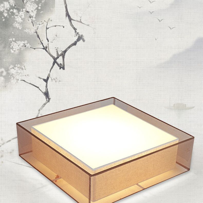 Brown Square Ceiling Light in Traditional Concise Style Wrought Iron Flush Mount with Fabrics Shade