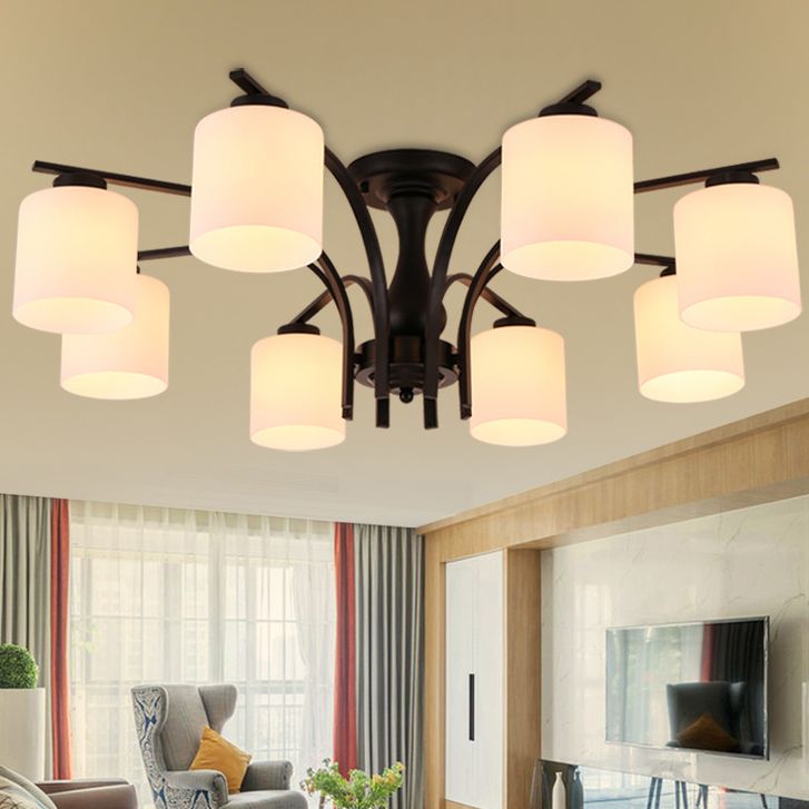 Cylindrical Shade Flush Mount Lighting Modern Rustic Style White White Glass Semi Flush pour le salon