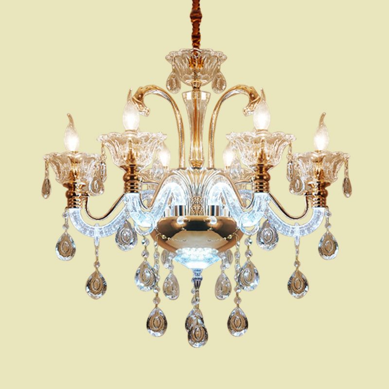 Clear Crystal Candle Chandelier Light Vintage 6 Bulbs Dining Room Hanging Lamp with Glass Shade