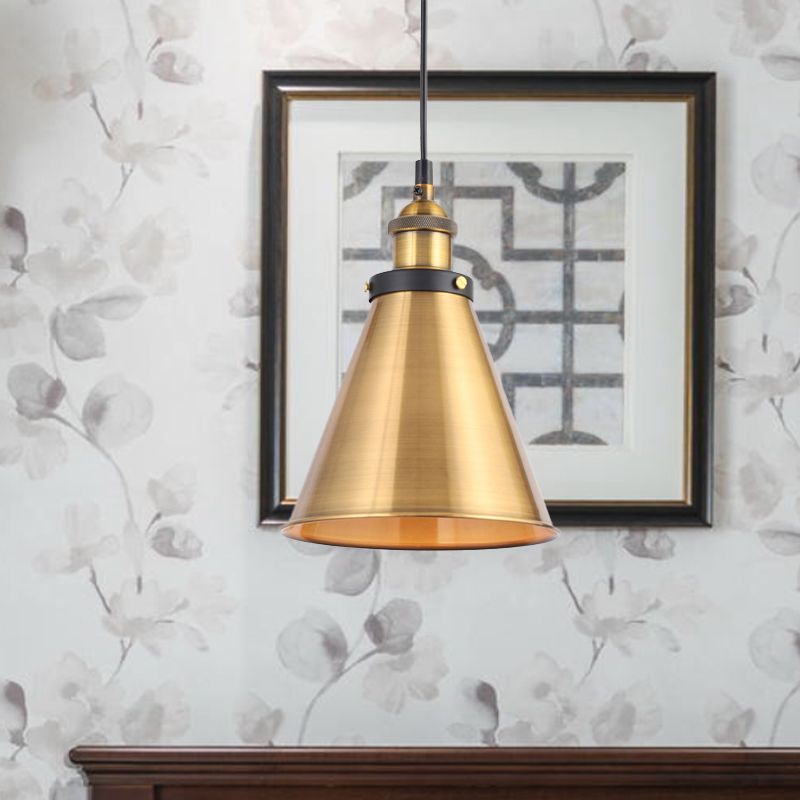 Antique Gold 1-Light Pendant Lighting Retro Iron Lid/Flat/Hammered Cone Hanging Light Fixture over Dining Table