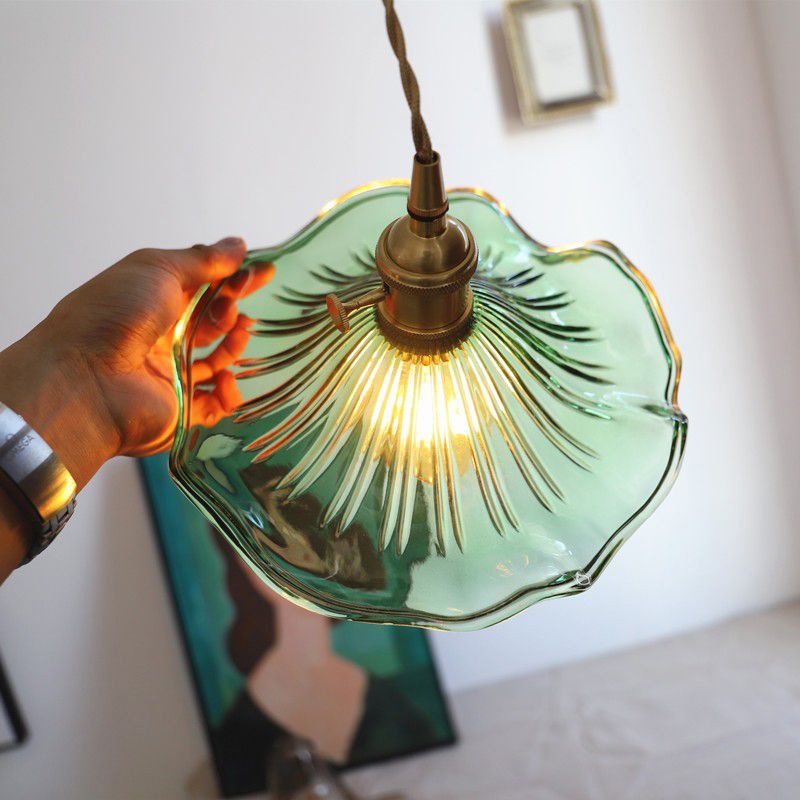 Luce a sospensione in vetro verde a foglia di loto vintage a 1 luccio di luce del soffitto a sospensione a 1 luci