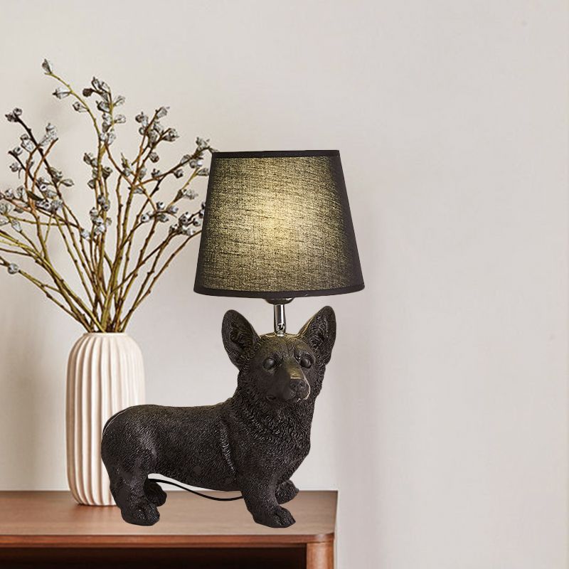 1 Bulb Fabric Night Table Light Traditional Black Drum Bedroom Nightstand Lamp with Resin Dog Base