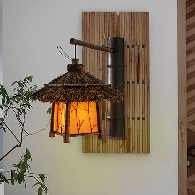 Japanese Hand-Worked Wall Lighting Bamboo 1 Bulb Sconce Light Fixture in Brown for Tearoom