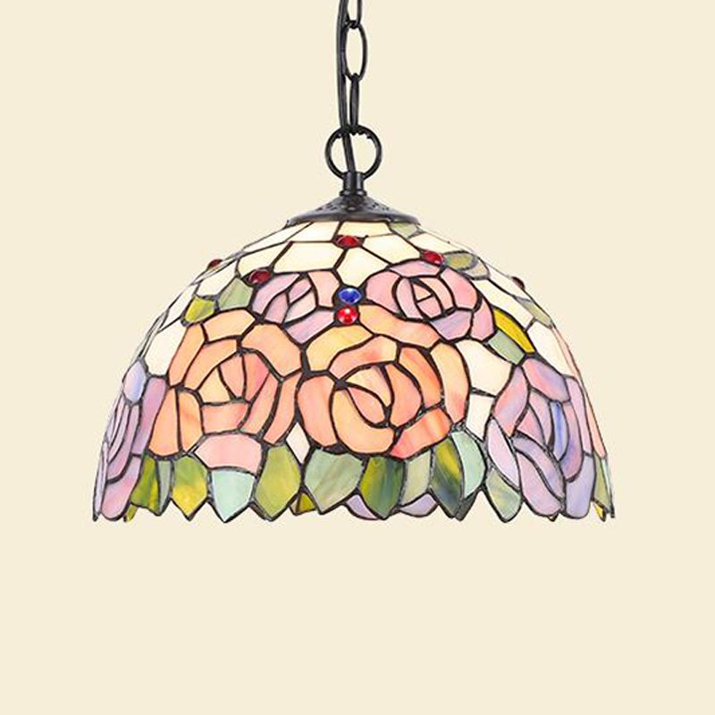 Stained Glass Black/White Pendant Lamp Domed 1 Light Baroque Floral Patterned Hanging Light Kit for Kitchen