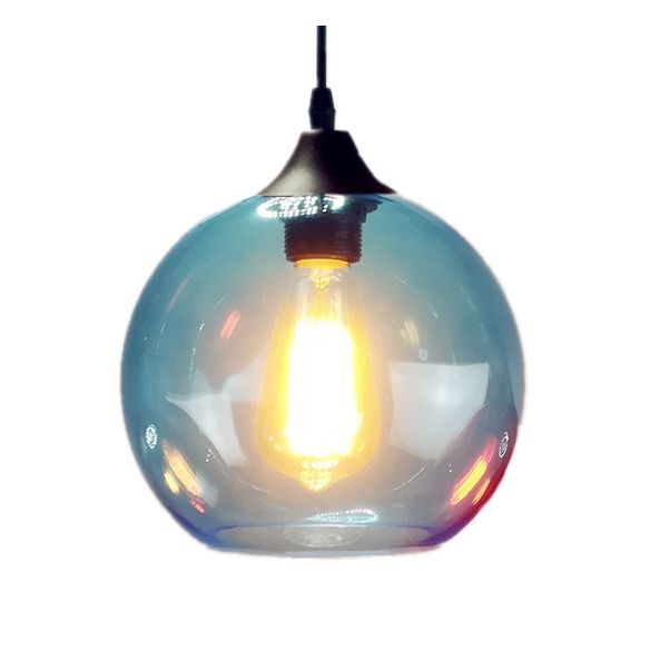 Globe Pendant Light Industrial 1 Light 8"/10" Wide Grey/Red/Blue Glass Hanging Lamp in Black