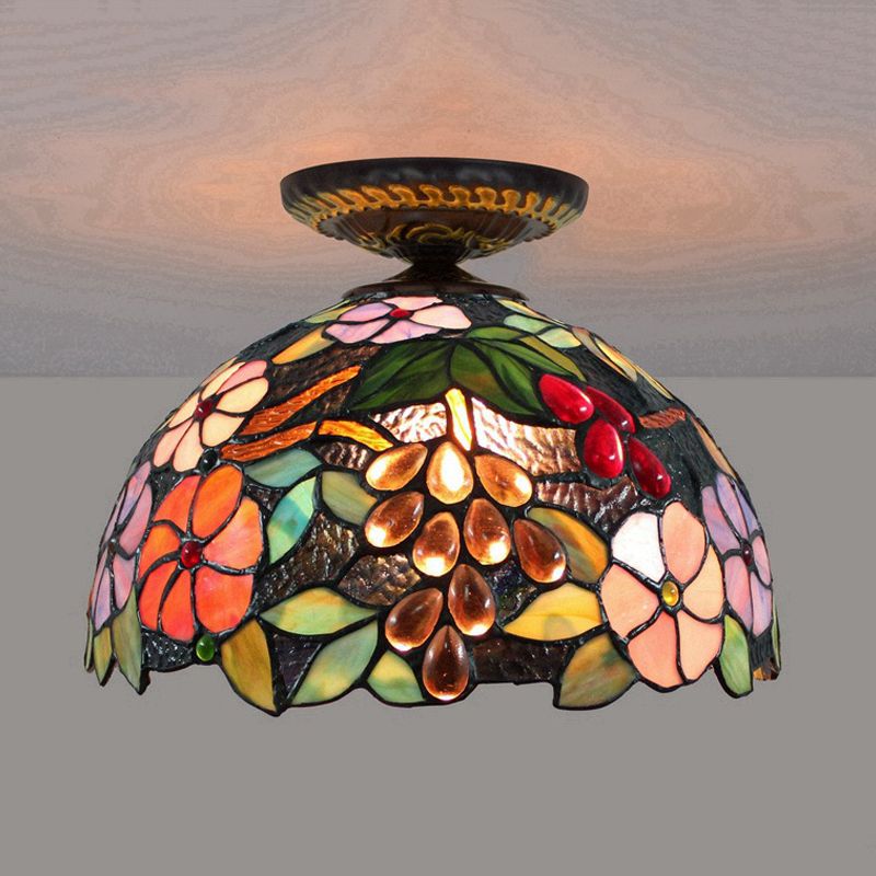 Stained Glass Blossom Ceiling Fixture Tiffany 1 Light Brass Flushmount Ceiling Lamp, 12"/16" W