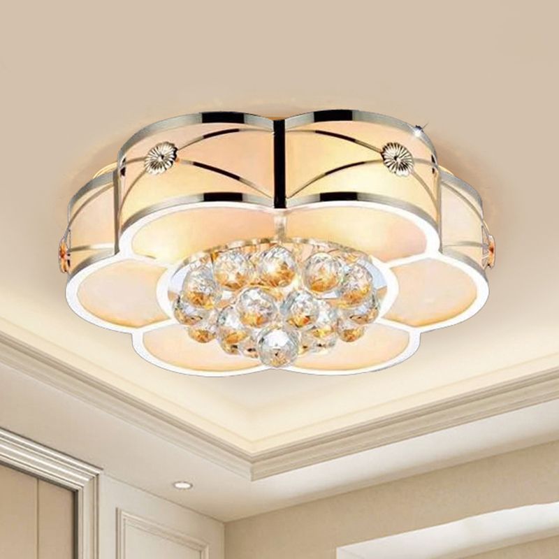 Blossom Frosted Glass Flush Light Fixture Traditional Bedroom Massimale Illuminazione in Gold con Dangling Crystal