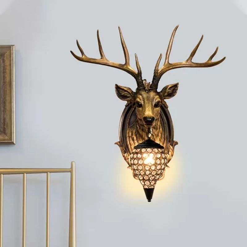 White/Beige/Yellow Deer Wall Lighting Rustic Resin 1 Light Living Room Sconce Lamp with Droplet Crystal Shade