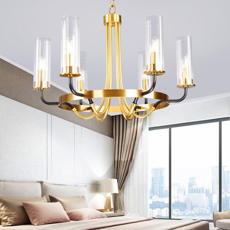 Post-Modern Metal Hanging Chandelier Light Cylinder Clear Glass Shade Ceiling Chandelier in Gold for Living Room