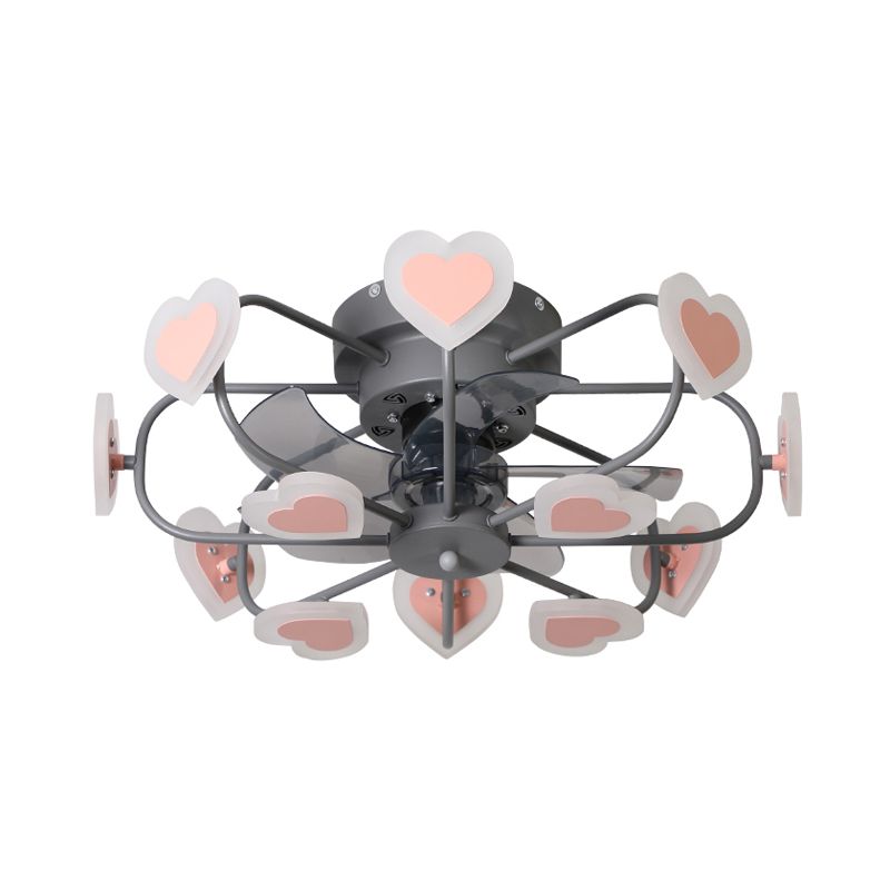 Kinderen 8 lampen 5 Blades Plafondventilator Lichte koffiemuziek Noot/Gray Loving Heart/White Star Semi Flush Mount Lighting met ijzeren kooi, 23,5 "breed