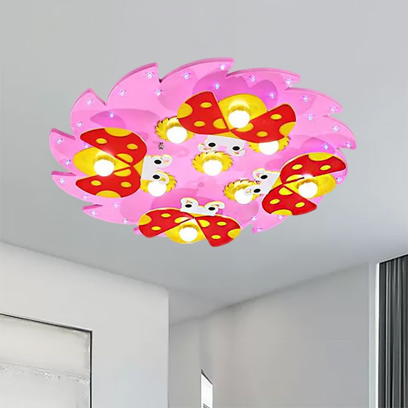 Wood Tree Ceiling Light with Ladybug Deco Modern Cartoon Flush Mount Light for Kid Bedroom
