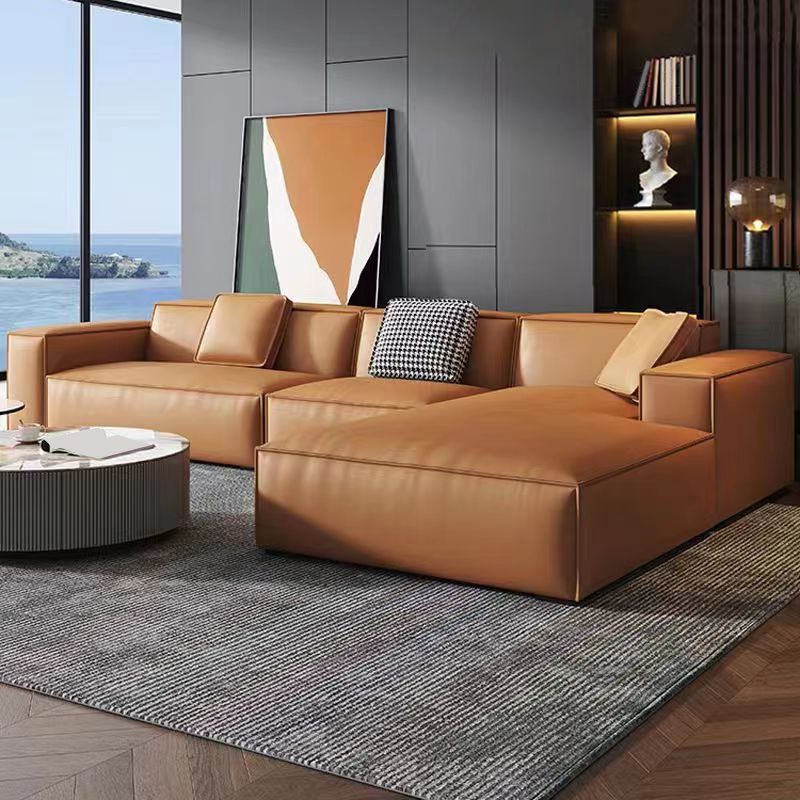 Contemporary Square Arm Sectional Orange Faux Leather Sectional