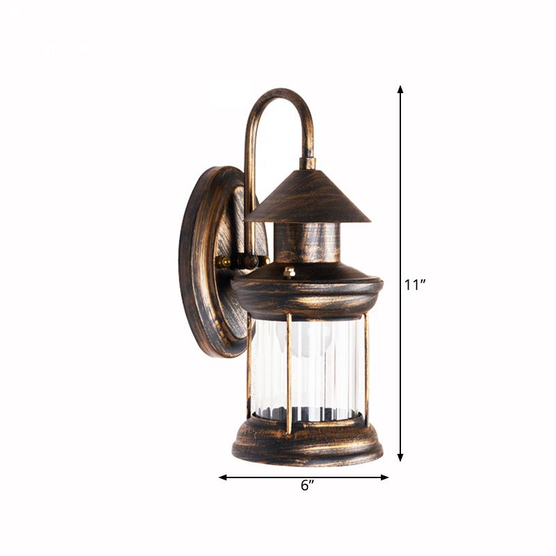 Metallic Lantern Wall Mount Lighting Coastal 1 Bulb Corner Wall Lamp Sconce with Curvy Arm in Brass