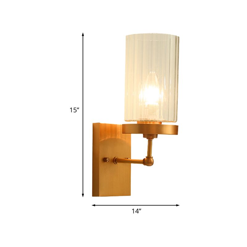 Clear Ribbed Glass Cylinder Wall Light 1/2-Head Bedroom Wall Sconce Lighting Fixture in Gold