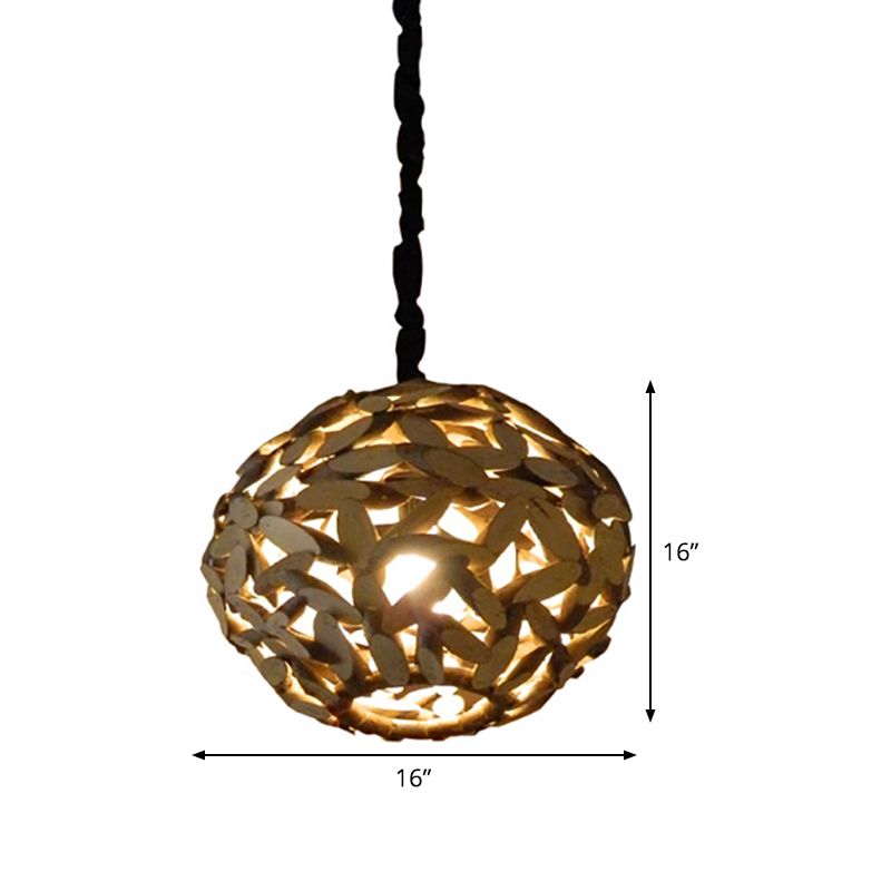 Sphere Wood Pendant Lamp Japanese 1 Head Brown Hanging Light Fixture for Bedroom