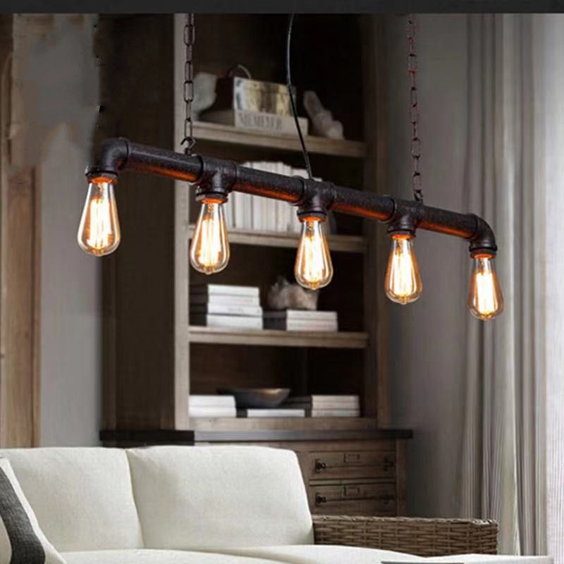 Linear Shape Pendant Light Modern Style Metal 5 Lights Hanging Lamp in Black/Rust