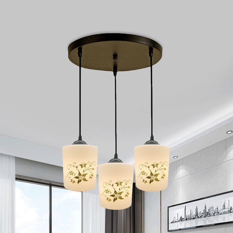 Cylinder Dining Room Multi Ceiling Light Modern White Printed Glass 3-Head Black Hanging Pendant with Linear/Round Canopy
