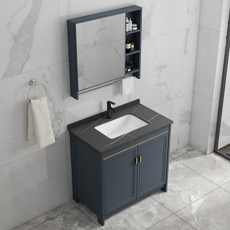 Blue Bathroom Vanity Metal Frame Single Sink Rectangle Mirror Bath Vanity with 2 Doors