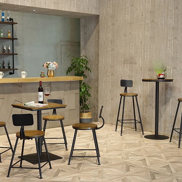 Industrial Black Metal Bar Table Wood 21.6"W Top Indoor Pedestal Bistro Table
