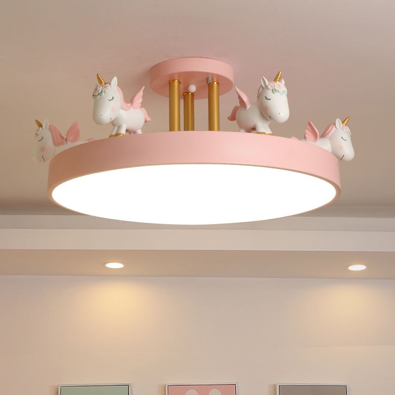 Round LED Semi Flush Mount Kids Style Acrylic Nursery Ceiling Mounted Light with Resin Unicorn