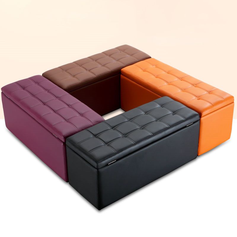 Modern Pouf Ottoman Faux Leather Upholstered Tufted Rectangle Ottoman with Storage