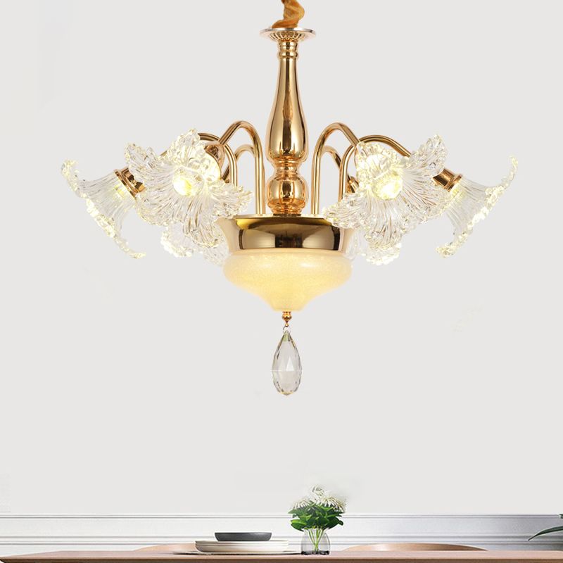 Gold 7/10 Bulbs Ceiling Light Modern Clear Crystal Floral Shade Scrolls Hanging Chandelier