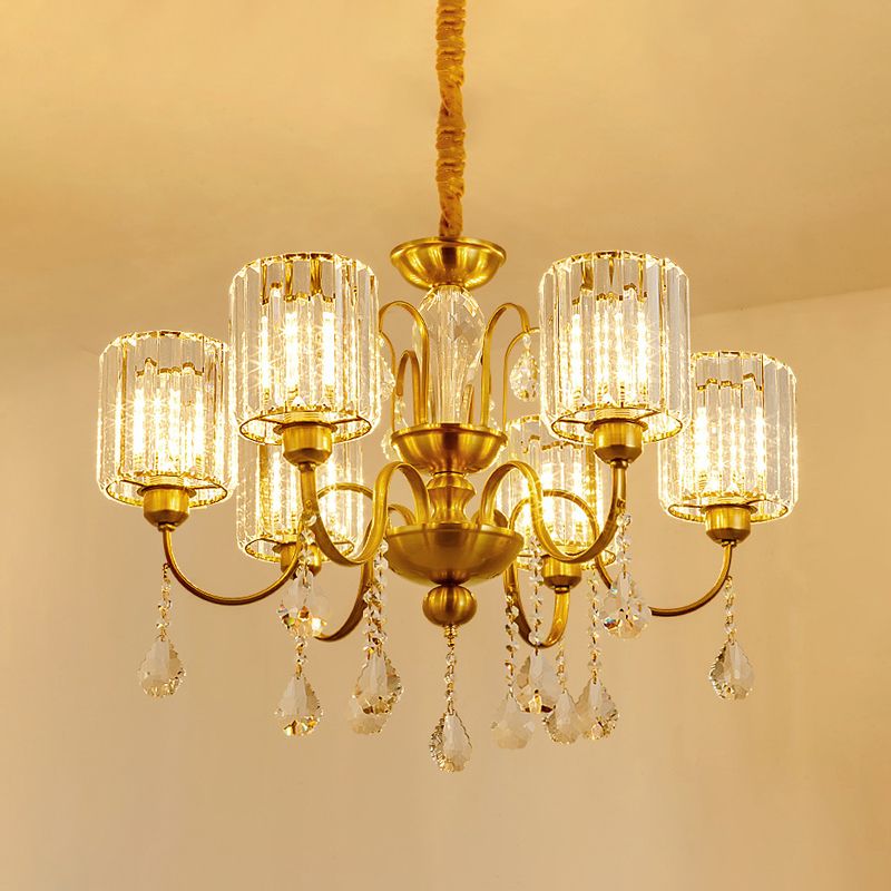 Gouden afwerking cilinder hanger kroonluchter modern kristalblok 6 koppen woonkamer ophanging licht