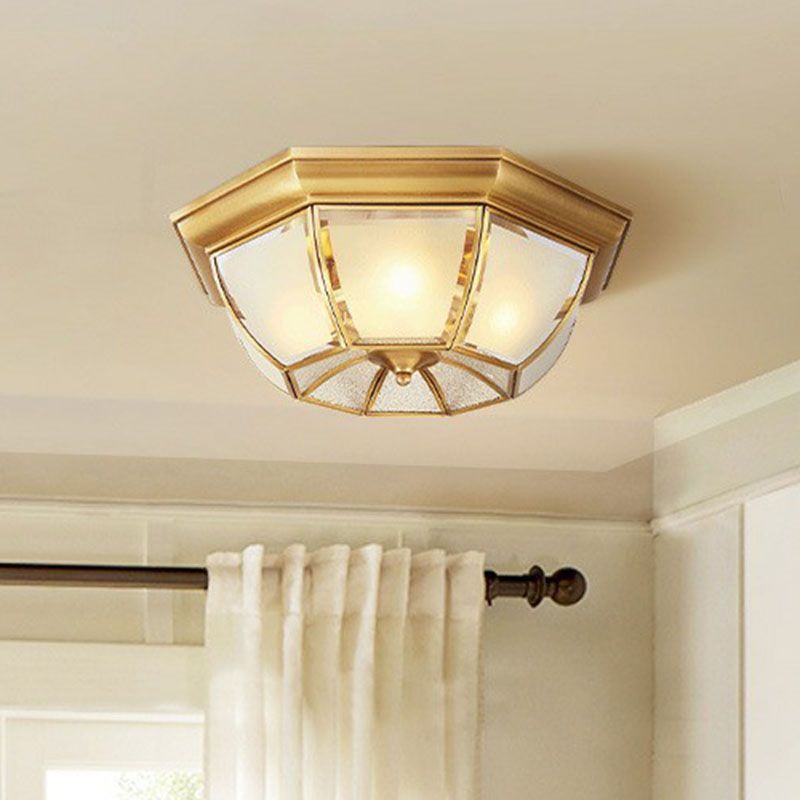 Brass Finish Ceiling Mounted Lamp Colonial Style Frost Glass Recessed Shade Flush Light