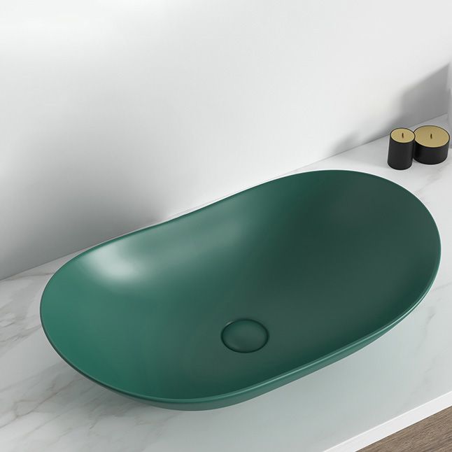 Contemporary Bathroom Sink Pop-Up Drain Porcelain Solid Color Oval-Shape Vessel