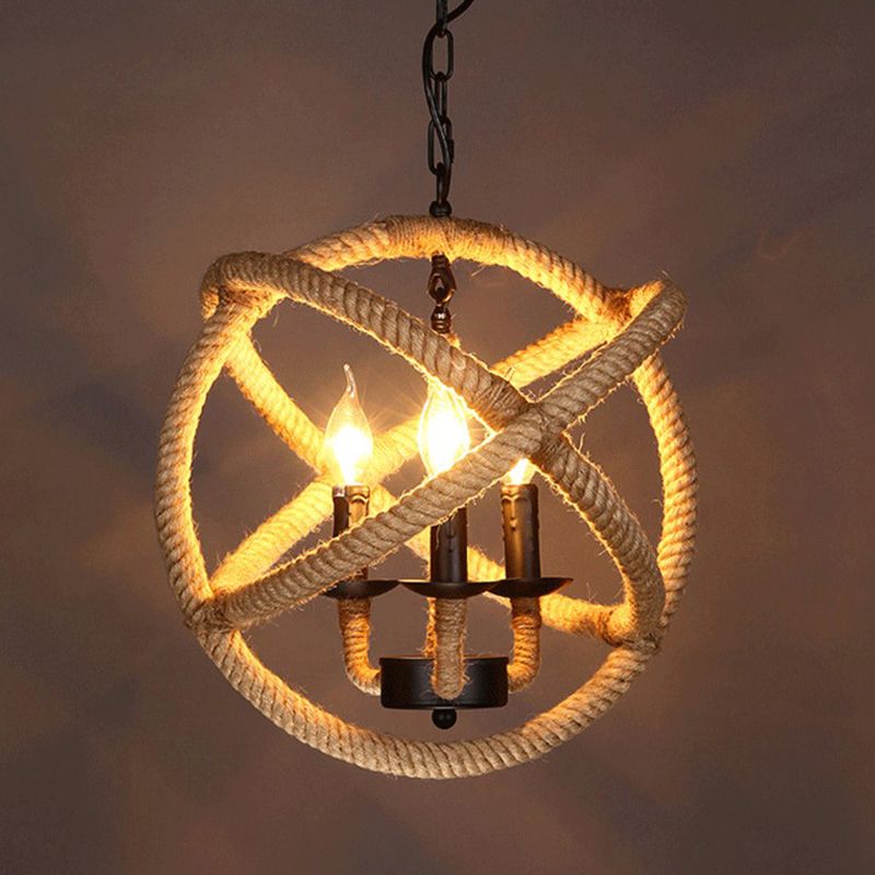 Globe Metal Pendant Lighting Industrial 3 Lights Hemp Rope  Chandelier Hanging Light Fixture in Black