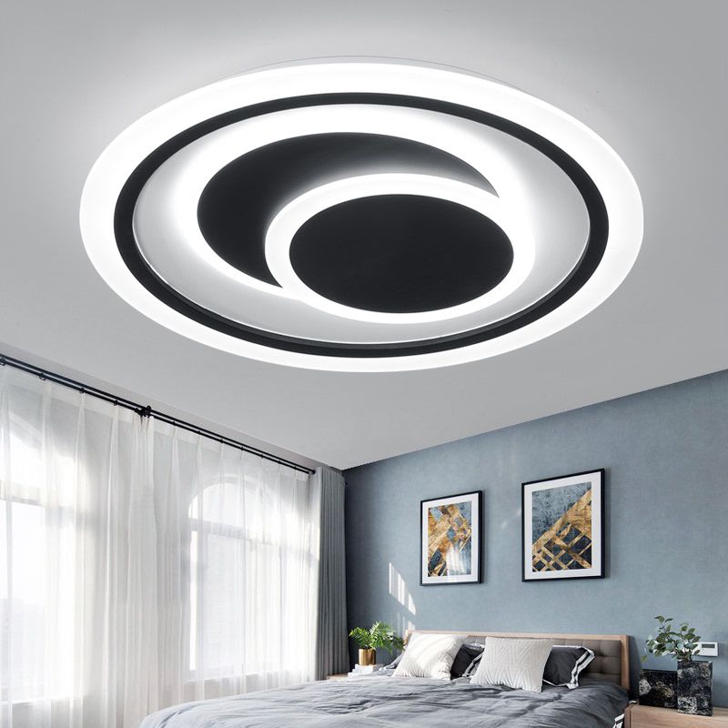 Schwarze, scheibenförmige, bündige, minimalistische Metall-LED-Deckenleuchte für Schlafzimmer