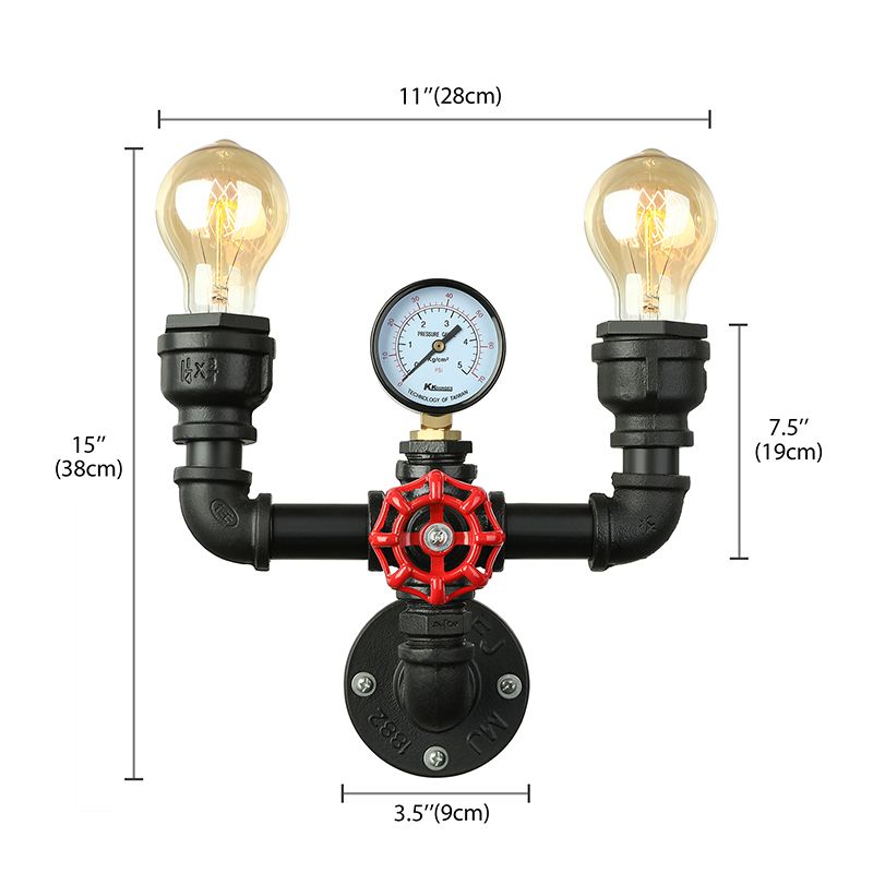 2/3 Lights Wall Mount Light with Pipe and Gauge Metal Steampunk Restaurant Wall Lighting in Black