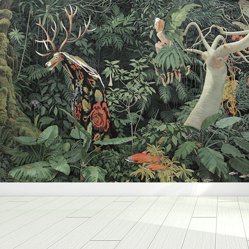 Green Tropical Plant Mural Wallpaper Moisture Resistant Wall Art for Living Room