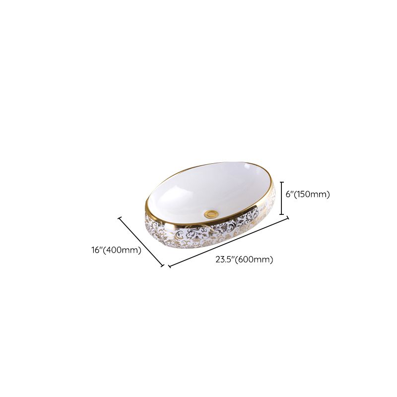 Traditional Vessel Sink Oval Porcelain with Pop-Up Drain and Faucet Vessel Lavatory Sink