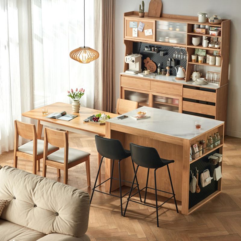 Stone Top Rectangle Kitchen Island Table with Rubberwood Base