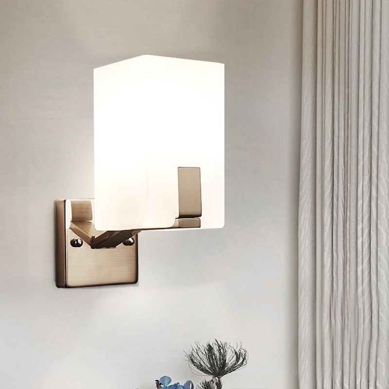 White Frosted Glass Cuboid Wall Light Sconce Modernism 1 Light Wall Mounted Lamp in Nickel