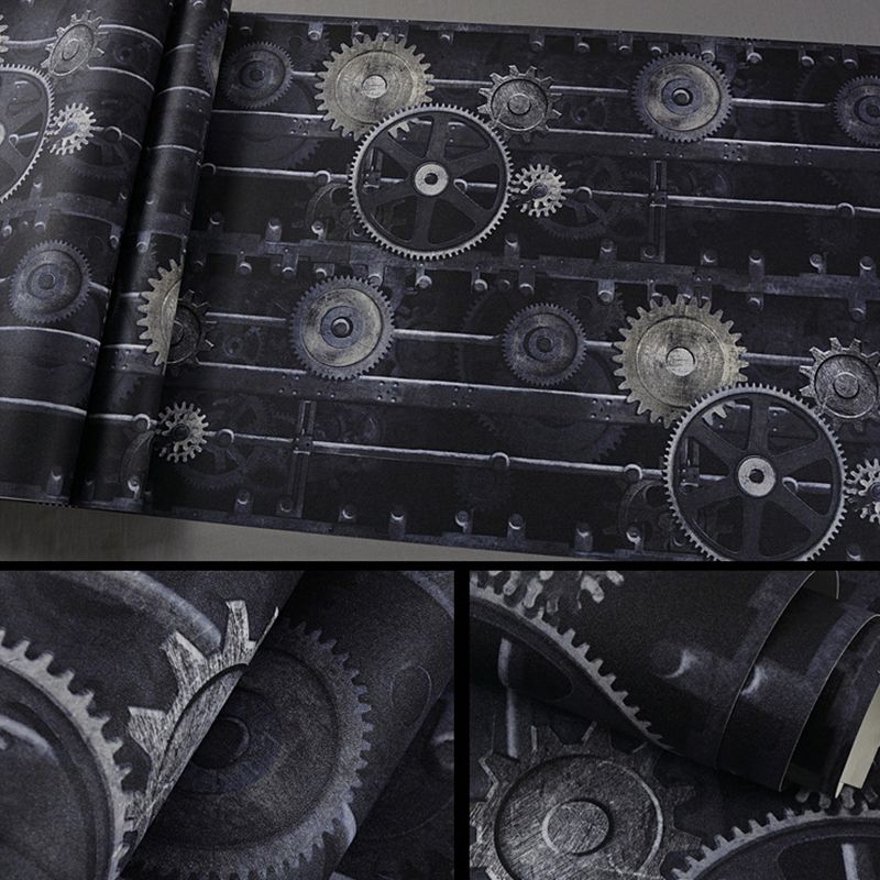 33' by 20.5" Industrial Hanging Chains and Wheel Gears Non-Pasted Wallpaper in Black and Brown