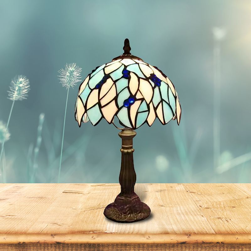 Blue Leaf Table Light with Dome Shade Stained Glass Tiffany 1 Blub Standing Table Light for Bedroom
