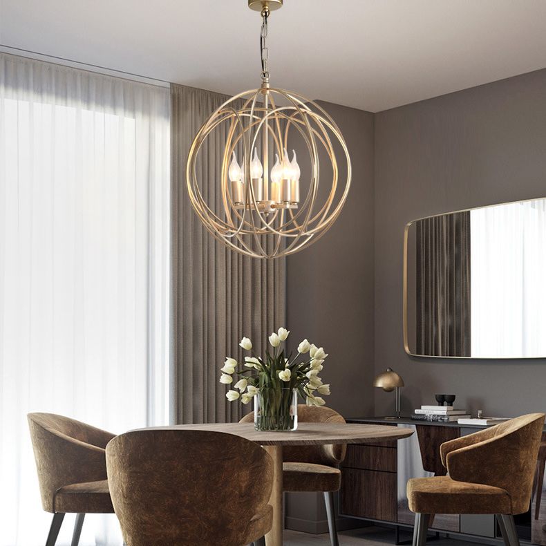 Post-Modern Metal Hanging Chandelier Light Gold Spherical Cage Shade Ceiling Chandelier for Dining Room