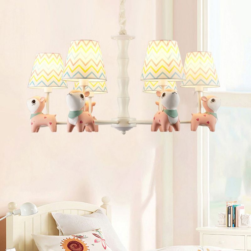 Cartoon Empire Shade Suspension Light Patterned Fabric Bedroom Chandelier Light with Resin Deer in Pink