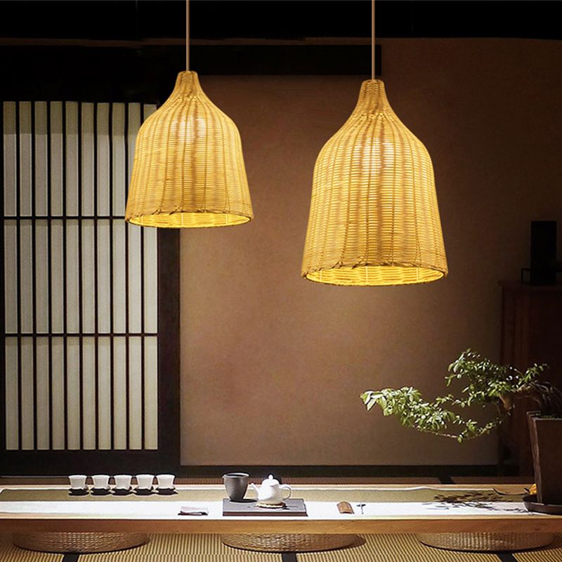 Bamboo Handcrafted Ceiling Light Asian Style 1 Bulb Wood Hanging Lamp for Restaurant