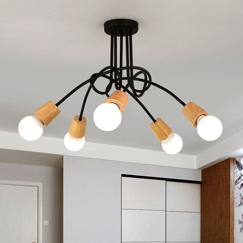 Metal Open Bulb Ceiling Light Fixture with Twisted Arm Loft Style 3/5 Lights Kitchen Semi Flush Pendentif Light in Wood