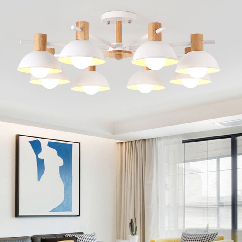 Metallic Bowl Shade Ceiling Light Macaron Style 8-Light Wood Lighting Fixture for Bedroom