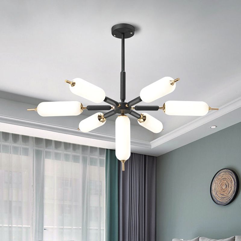 Houten barstende kroonluchter licht Noordse 7-lights black plafond suspensielampje met cilindermatte glazen lampenkap