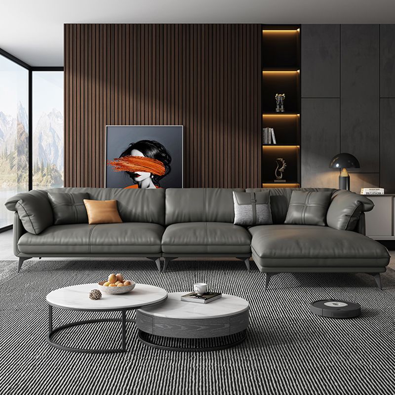 Genuine Leather Sectional Sofa Black Sofa with Removable Cushions